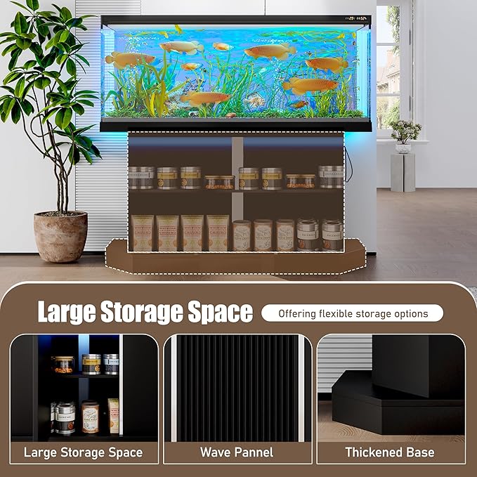 55-75 Gallon Fish Tank Stand with Power Outlet, Heavy Duty Farmhouse Fish Tank Stand, Sturdy Reptile and Terrarium Stand with Cabinet Storage, 4 AC 2 USB Ports, Black Pannel, Aquarium Not Included