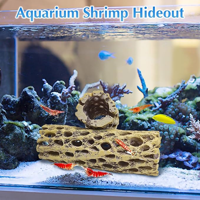 kathson Resin Cholla Wood Aquarium Shrimp Hideout Fake Fish Tank Hollow Log Hideawy Reptile Climbing Corner Branch Hermit Crab Terrarium Ornament Decoration (2 Packs)