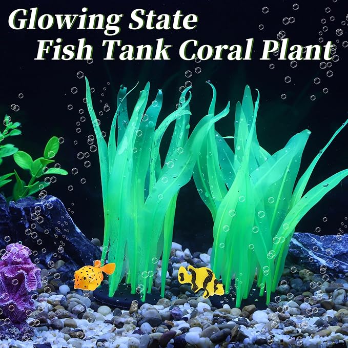 Aquarium Glowing Kelp Plant, Soft Silicone Glowing Fish Tank Decorations, Fluorescence Coral Decor for Aquarium Decor Green 2pcs