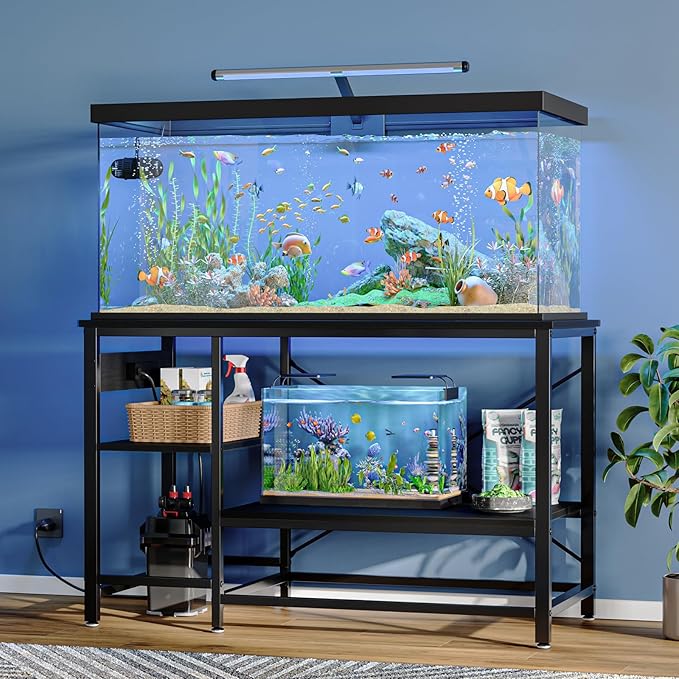 Bestier 55 Gallon Fish Tank Stand with Power Outlet, 49x13 Metal Aquarium Stand with Filter Storage, 6-Leg Long Reptile Tank Stand with 3-Tier Adjustable Storage Shelves, 700LBS Capacity, Black Oak