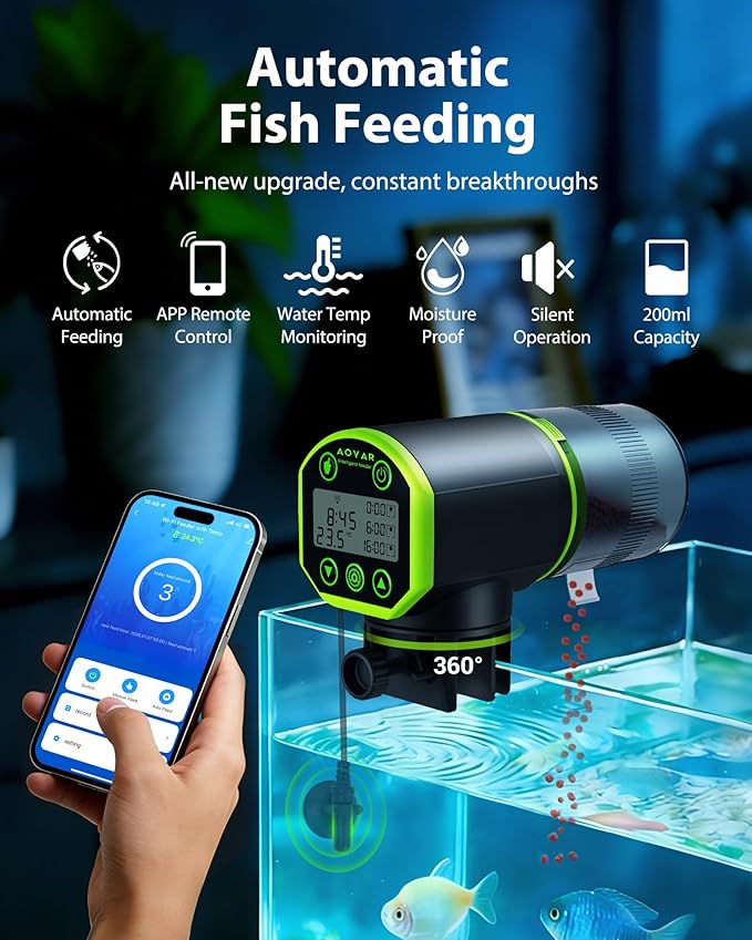 WiFi Automatic Fish Feeder for Aquarium: App-Controlled Auto Feeders for Tank Turtle Pond Betta with Water Temperature Monitoring & Alarm, Timed Auto-Feeding for Flake Pellet Vacation Weekend