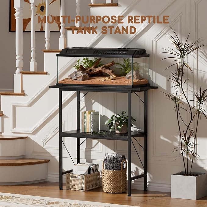 20-29-30 Gallon Fish Tank Stand with Storage Shelves, 2-Tier Aquarium Stand with Metal Frame, Heavy Duty Reptile Turtle Tank Stand for Home Office, 30" L x 11.8" W x 30.5" H, Black