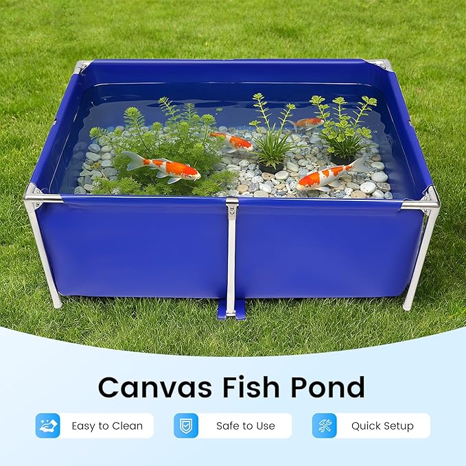 Canvas Above Ground Fish Pond with Steel Frame, Drain Valve, Blue Aquarium Pool, Koi Pond, Foldable Water Storage, Display Show Tank