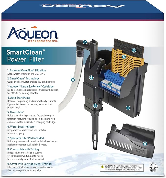 Aqueon SmartClean Power Filter with EcoRenew Filter Cartridge, Quick and Easy Water Changes, Quiet Operation, Adjustable Flow, for 30-50 Gallon Freshwater and Saltwater Aquariums, Large