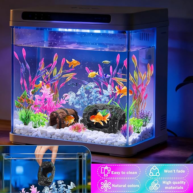 QUOZUO 16 Pcs Aquarium Artificial Plastic Plants Decorations and Broken Barrels Set, Colorful Fish Tank Accessories Hideout Ornaments Aquarium Decor Set