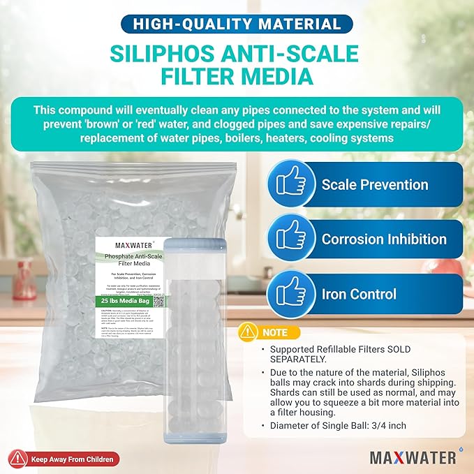 Max Water Siliphos Anti-Scale Filter Media Bag for Polyphosphate Replacement Filters (25 LB) for Scale Prevention, Corrosion Inhibition, and Iron Control