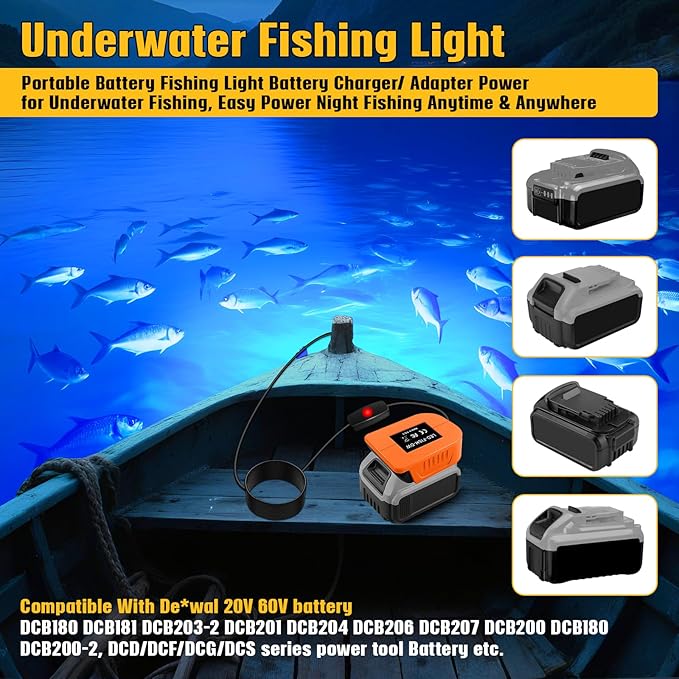 Underwater Fishing Blue Light Compatible with DeWalt 20V Battery,1300 Lumens,LED Light for IP68 Waterproof Submersible Fish Attractor Light for Night/Ice/Boat Fishing(no Battery)