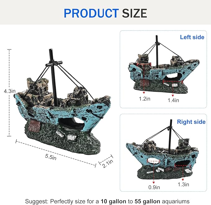 Fish Tank Decoration Aquarium Accessories, Fish Tank Ornaments, Shipwreck Decor, Resin Material Sunken Ship Decorations for Fish Favors, Multi