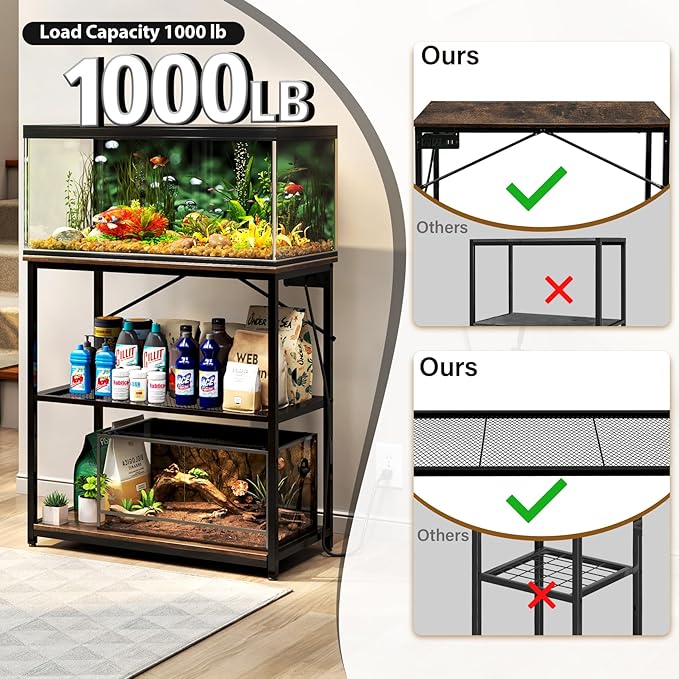 TC-HOMENY Fish Tank Stand 10,20,29,37 Gallon, Aquarium Stand with adjustable shelf,1000LB Capacity ,31" L x 16" W Metal Reptile Tank Stand, Double Storage Design Adjustable Boards, Brown