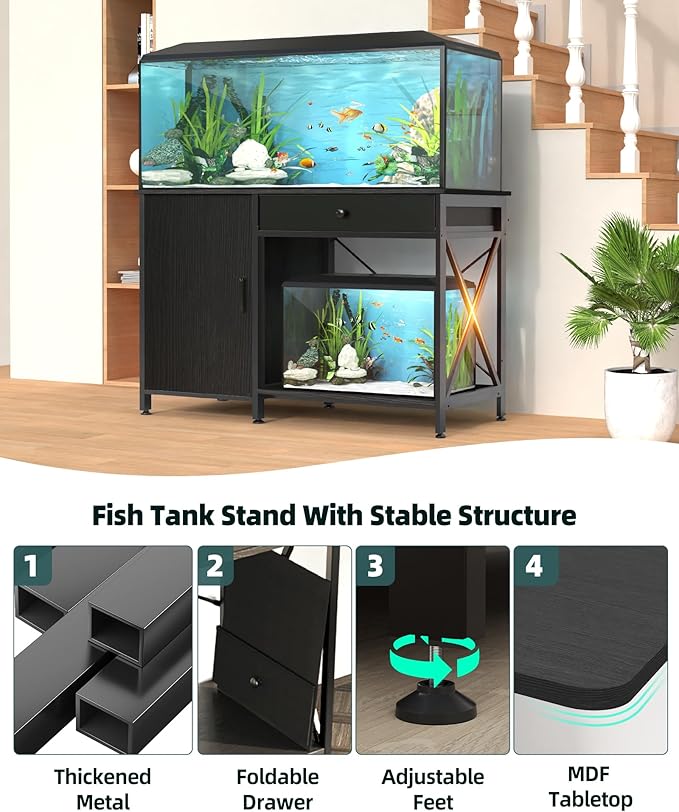 Fish Tank Stand for 40-50 Gallon Fish Tank: Aquarium Stand with Power Outlet - Metal 40 Gallon Tank Stand with Cabinet Drawer Storage for Turtle Tank, Reptile Terrarium (Black, 800LBS Capacity)