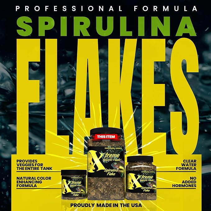 Xtreme Spirulina Flakes - Balanced Herbivorous Diet for Tropical and Marine Fish, Enhanced Health, Vibrant Colors - USA Farm Grown - Ideal for Cichlids, Barbs, Tetras and Guppies (16oz)