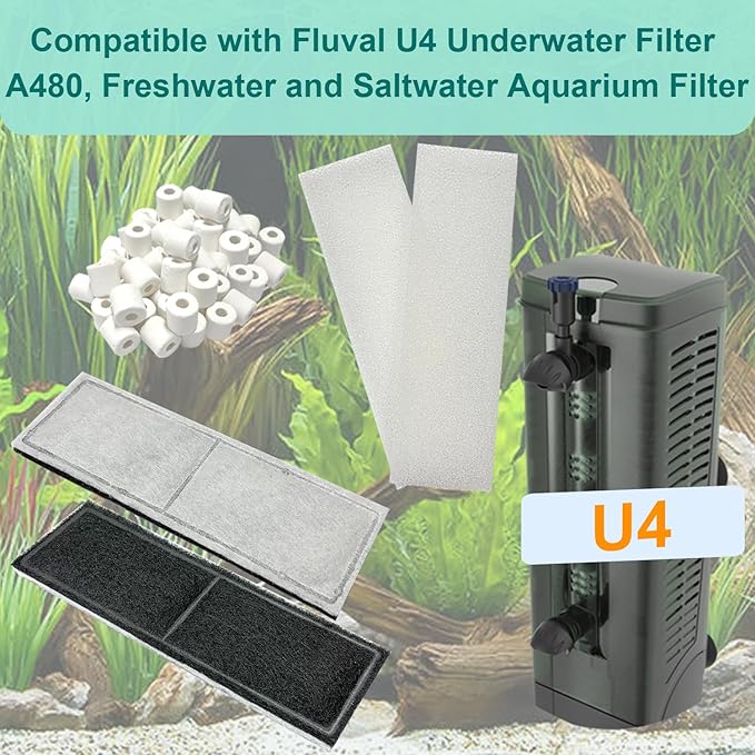 9 PCS Aquarium Maintenance Media Replacement for Fluval U4 Underwater Filter A480, Freshwater and Saltwater Aquarium Filter, Includes 4 Foam Pads, 4 Poly Carbon Cartridges and 1 Ceramic Ring