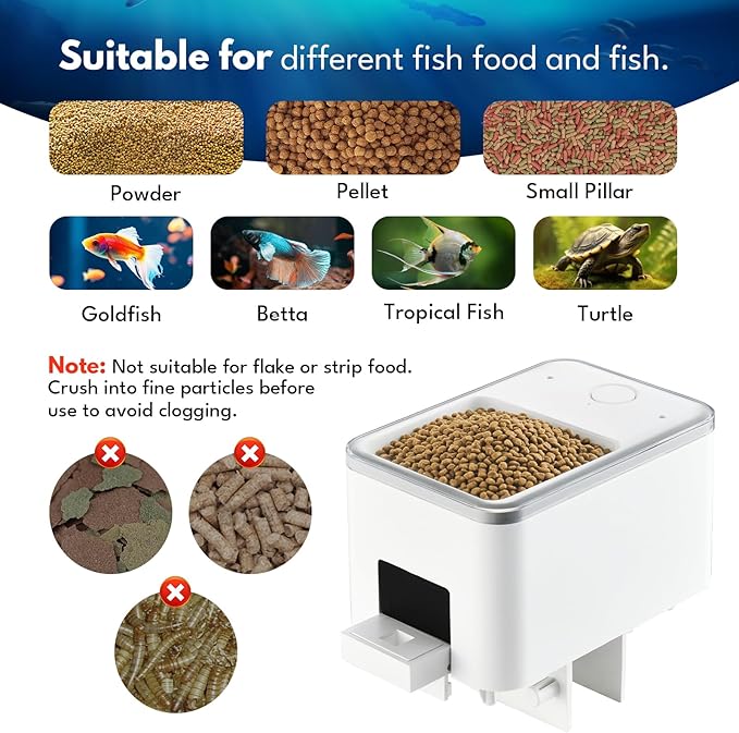 Automatic Fish Feeder for Aquarium, Moisture-Proof Adjustable Food Dispenser, APP Control with Timer, Four Precision Feed Funnels USB Powered Suitable for Small Tank Pelleted Food Black