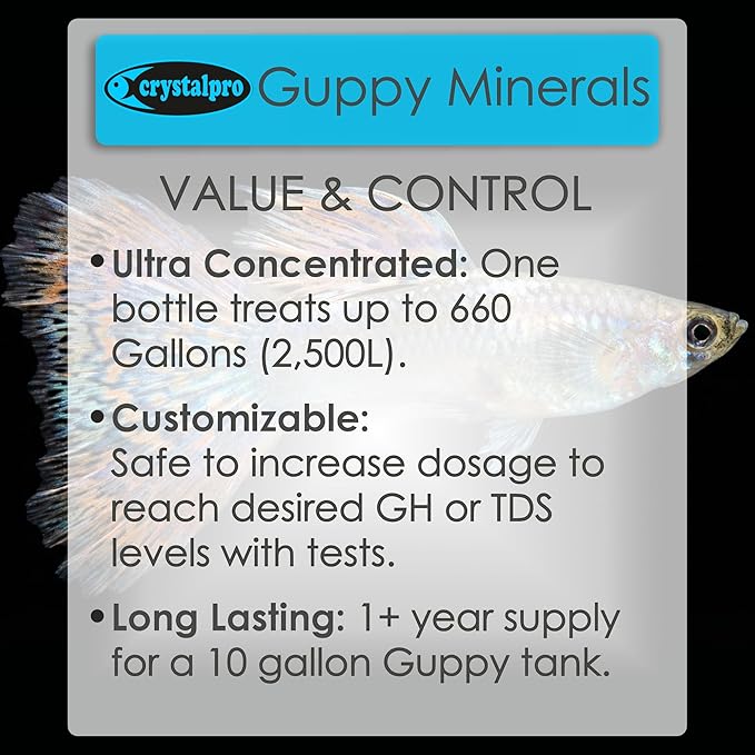 Crystalpro Guppy Minerals 4.22 Oz - Mineral Additive for Guppies - Replenishes Protective Coat and Improves General Health Freshwater Aquarium Salt (125 ml) Treats 660 Gallons