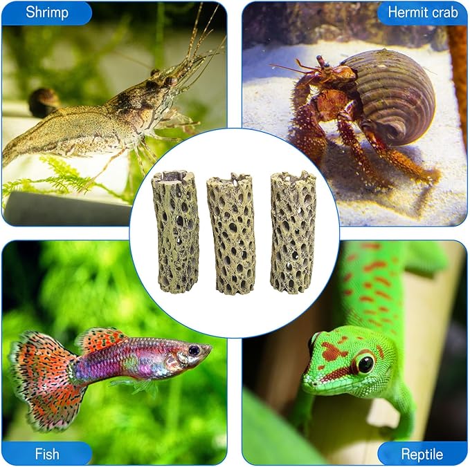 kathson Resin Cholla Wood Aquarium Shrimp Hideout Fake Fish Tank Hollow Log Hideawy Reptile Climbing Corner Branch Hermit Crab Terrarium Ornament Decoration (3 Packs)