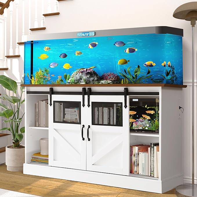 55-75 Gallon Fish Tank Stand with Sliding Barn Doors & Power Outlet, Heavy Duty Aquarium Stand with Cabinet Storage for 2 Fish Tank/Turtle Tank/Reptile Terrarium Accessories, 1300LBS (White)