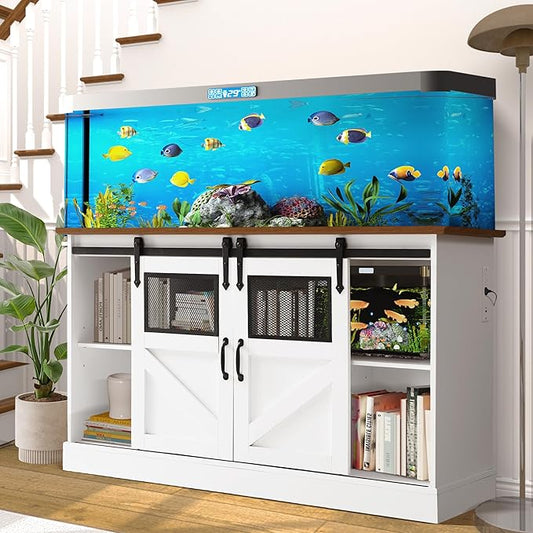 55-75 Gallon Fish Tank Stand with Sliding Barn Doors & Power Outlet, Heavy Duty Aquarium Stand with Cabinet Storage for 2 Fish Tank/Turtle Tank/Reptile Terrarium Accessories, 1300LBS (White)