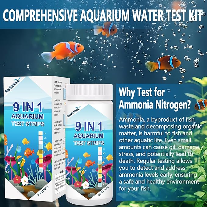 Aquarium Test Strips for Fish Tank: 9 in 1 Aquarium Ammonia Test Strips for Fish Tank - 50 Counts Aquarium Water Test Kit Testing Ammonia Nitrogen, Copper, pH and More