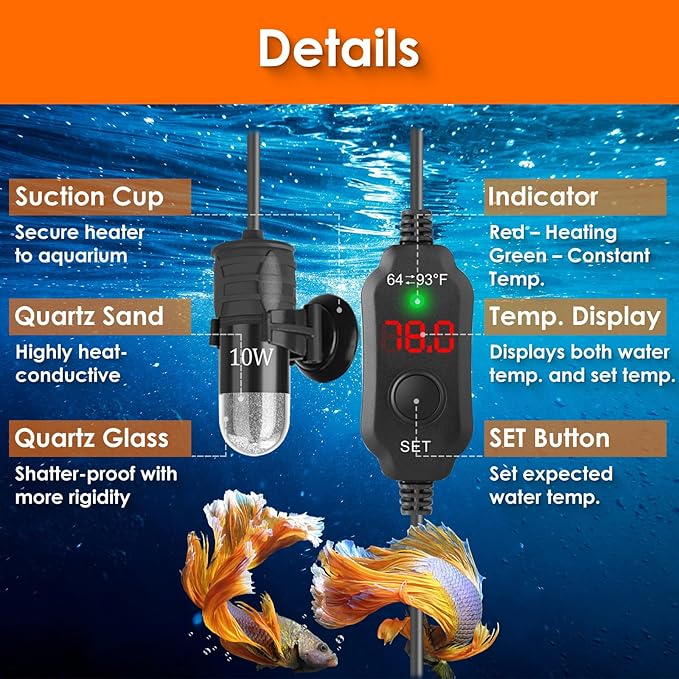 10W Mini Aquarium Heater for up to 1 Gallon Tanks | Super Small 5V/2A USB Fish Tank Heater with Digital Thermostat, Dry-Run & Overheat Protection, Memory Function