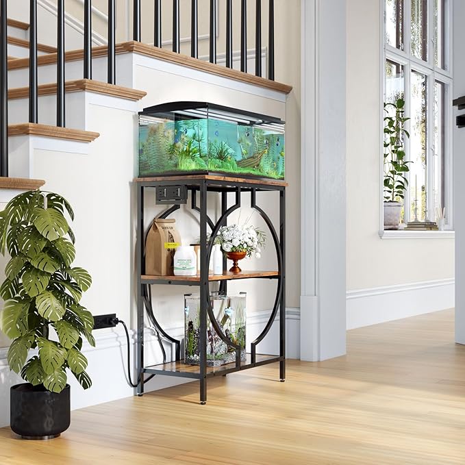 HavenlyYouth 10 Gallon Aquarium Stand with Power Outlet, 3 Tier Heavy Duty Metal Fish Tank Stand with Storage, Fish Tank Table for Home Office, 21.3" x 11.8" x 29", Rustic Brown