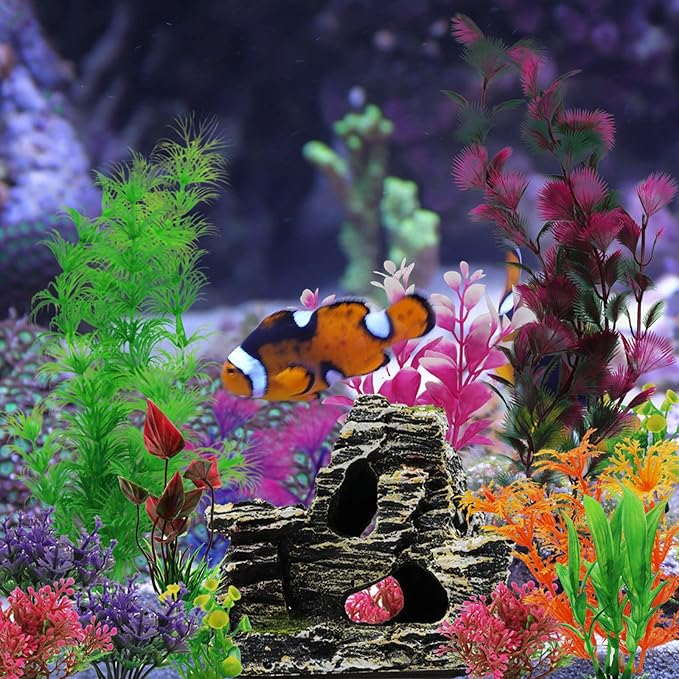 Aquarium Decorations Plants with Rockery View, 25pcs Aquarium Decor Plants and Rock Cave Hideout Ornaments, Fish Tank Accessories, Fish Tank Plants Plastic Decoration for Aquariums