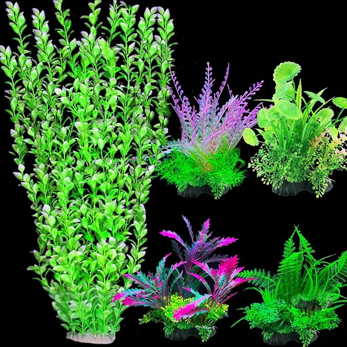 5PCs Mult-Color Aquarium Decor Plants Set, 23.6 Inches Extra Large Artificial Plastic Fish Tank with 4 Plastic Plants, Tall Fish Tank Decorations
