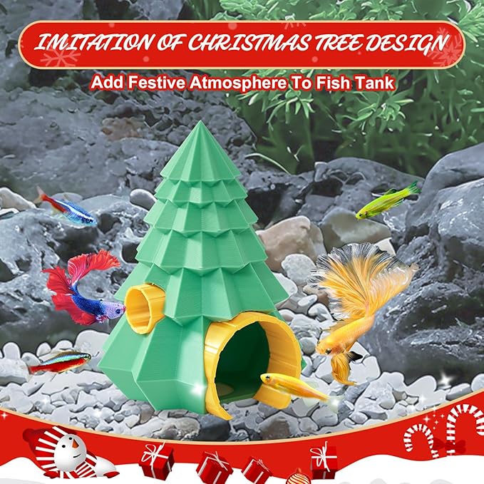 Christmas Fish Tank Decorations, Aquarium Christmas Tree Decor for Hiding, Fish Tank Hideout Ornaments, Aquarium Accessories Cave Decor for Shrimp Betta
