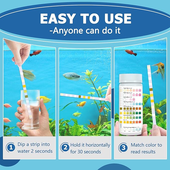 Aquarium Test Strips for Freshwater Fish – 9 in 1 Fish Tank Water Test Strips, Fast & Easy Color Chart for Beginners, Test Ammonia Nitrite Nitrate pH Chlorine Hardness, 50 Strips