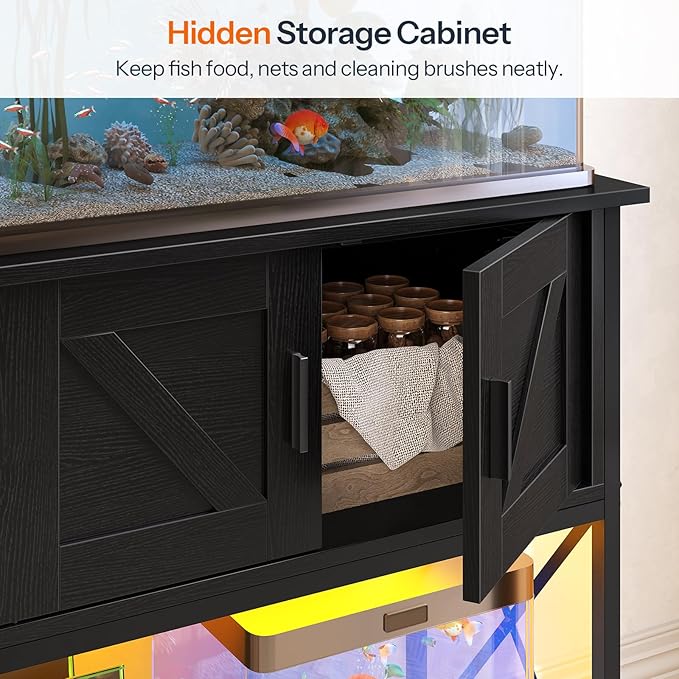 HOOBRO 20 Gallon Fish Tank Stand with Power Outlets and LED Light, Metal Frame Aquarium Stand, Reptile, Turtle Tank Stand with Cabinet Storage, 27.6'' L x 15.7'' W, 300 LBS Capacity, Black BB40UDFT01
