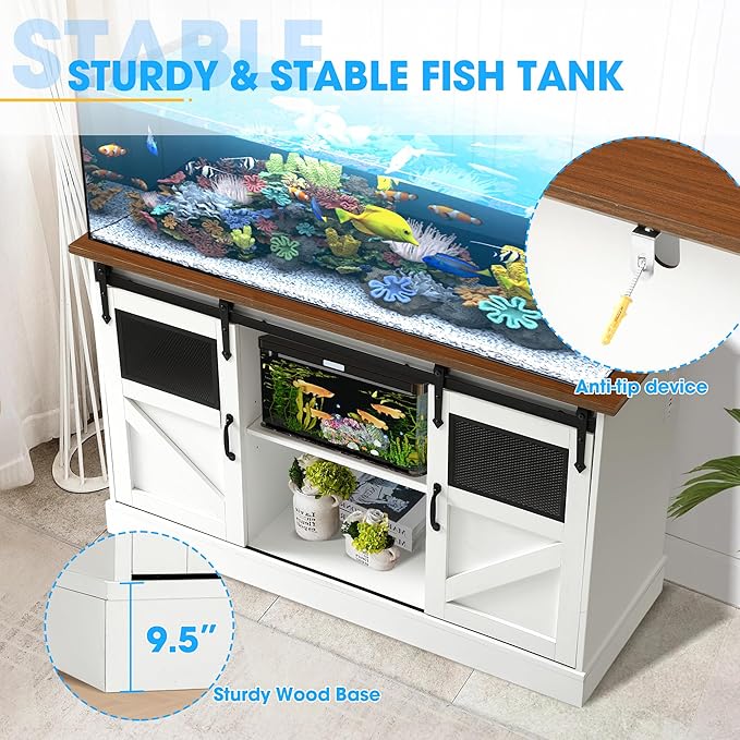 55-75 Gallon Fish Tank Stand with Sliding Barn Doors & Power Outlet, Heavy Duty Aquarium Stand with Cabinet Storage for 2 Fish Tank/Turtle Tank/Reptile Terrarium Accessories, 1300LBS (White)