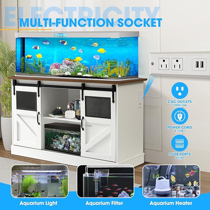 55-75 Gallon Fish Tank Stand with Sliding Barn Doors & Power Outlet, Heavy Duty Aquarium Stand with Cabinet Storage for 2 Fish Tank/Turtle Tank/Reptile Terrarium Accessories, 1300LBS (White)