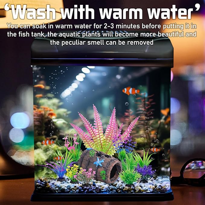 Ameliade Fish Tank Accessories Decorations Set with Broken Barrel Cave & 11 Artificial Aquatic Plants - Betta Goldfish Hiding Spots for Aquariums, Small Bowl Ornament Decor