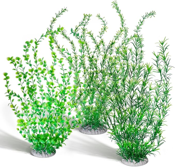 Qianyu 3 Pack Aquarium Plastic Decor Fish Tank Decorations Tall Artificial Green Grass Cluster Extra Large 23.6 Inch Underwater Plants Bendable Fish Tank Plants for Freshwater and Saltwater Tanks