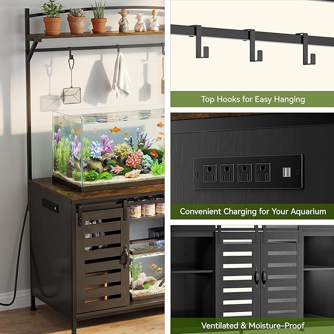 Petrova 100-120 Gallon Fish Tank Stand with Power Outlet, Metal Double Aquarium Stand with Storage Cabinet and Sliding Barn Door, Heavy Duty Reptile Tank Stand, 48" L* 24"W Tabletop, 1000LBS Capacity, Black