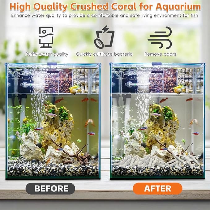 kathson 1.1lb Crushed Coral for Aquarium Crushed Coral for Freshwater Aquarium Corals for Fish Tank to Raise ph Filter Media for Fish Tank with Mesh Bag for Fish Tank Filter Media Decorations