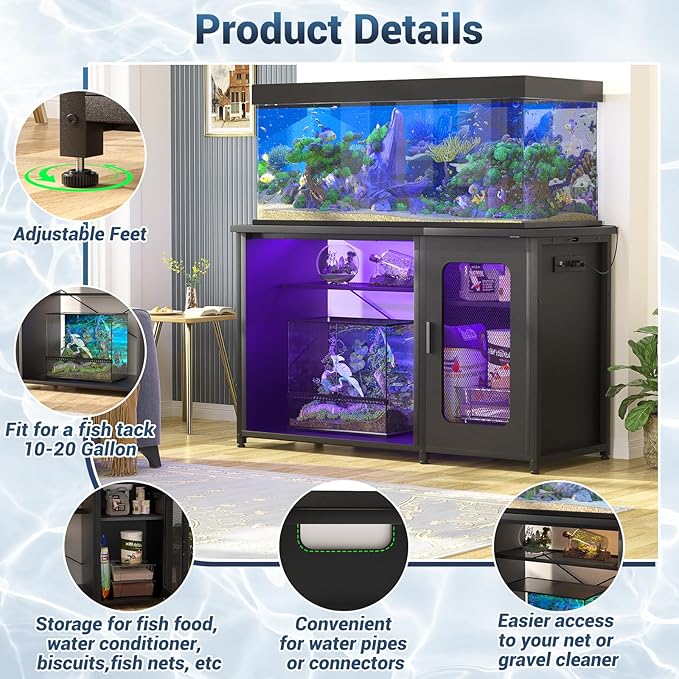 Unikito 55-75 Gallon Aquarium Stand with Power Outlets & LED Light, Reversible Fish Tank Stand with Cabinet for Fish Tank Accessories Storage, Heavy Duty Metal Frame, 880LBS Capacity, Black