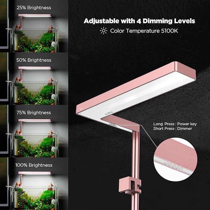 ONF Flat Nano 15W Full Spectrum Aquarium Light, 4 Level Dimmable Plant Light, IP54 Waterproof Freshwater Use Only, Suitable for 2-9 Gallon Rimless Fish Tanks, Terrariums, & Potted Plants, Rose Gold