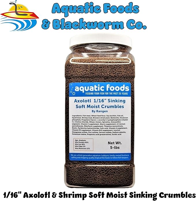 Axolotl Food 1/16" Soft Moist Sinking Salmon Crumbles for Baby Axolotl Also Shrimp, Snails, Crabs, Crayfish, Bottom Tropical Fish..5-lb Lg Jar
