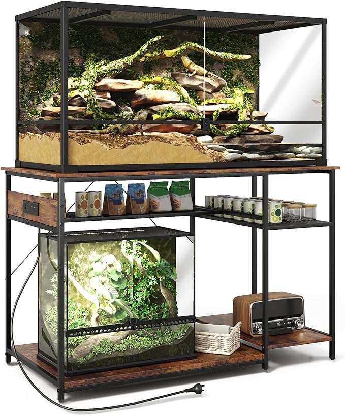 Reptile Tank Stand with Power Outlets，48" X 24" Tabletop Fits up to 120 Gallon Bearded Dragon Enclosure Stand，Double Snake Terrarium Table with Light