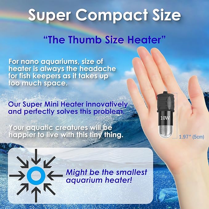 10W Mini Aquarium Heater for up to 1 Gallon Tanks | Super Small 5V/2A USB Fish Tank Heater with Digital Thermostat, Dry-Run & Overheat Protection, Memory Function