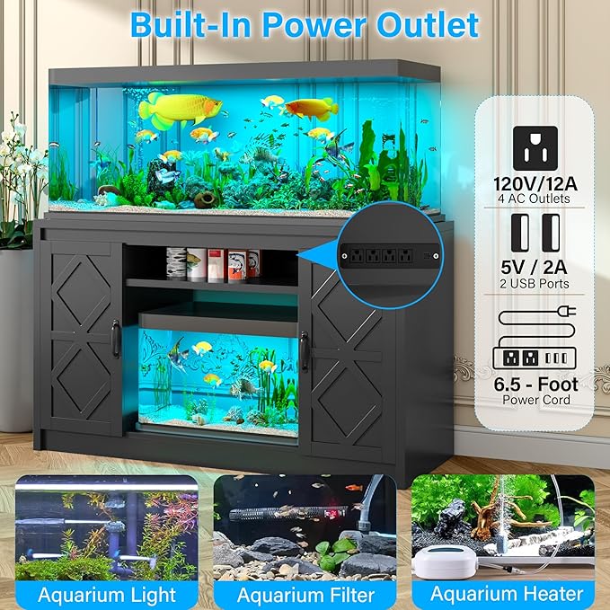 kepptory 55-75 Gallon Fish Tank Stand with Diamond Doors & Power Outlet, Heavy Duty Aquarium Stand with Cabinet Storage for Fish Tank, Turtle Tank, Reptile Terrarium (Black)