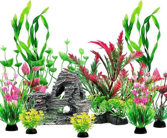 QUOZUO Fish Tank Accessories Aquarium Plants, 12pcs Colorful Fish Tank Artificial Plants and Cave Rock Decor Set, Aquarium Decorations Plants