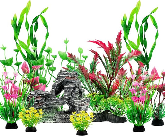 QUOZUO Fish Tank Accessories Aquarium Plants, 12pcs Colorful Fish Tank Artificial Plants and Cave Rock Decor Set, Aquarium Decorations Plants