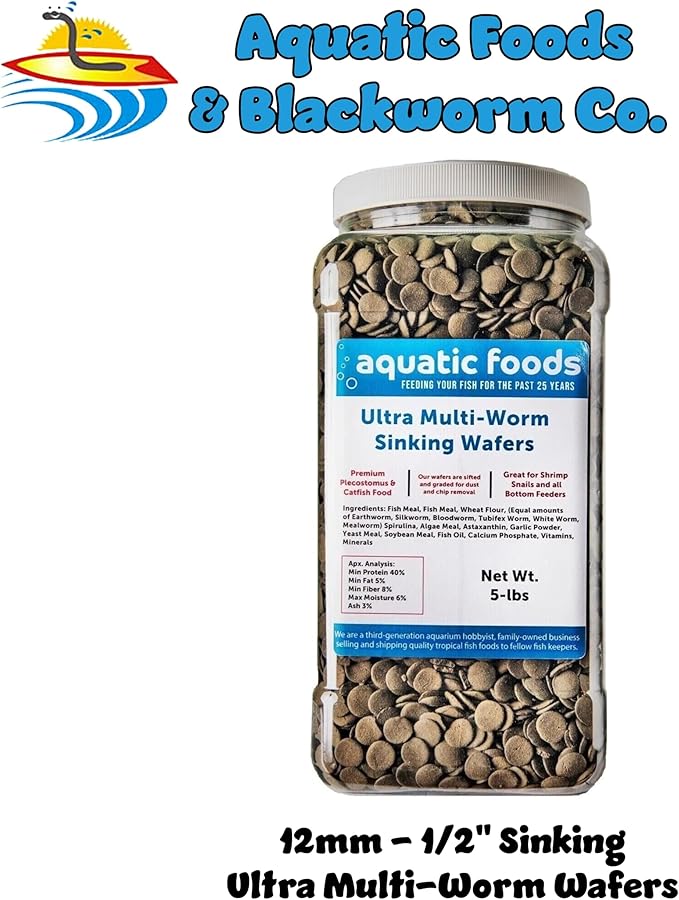 Ultra Multi-Worm 12mm - 1/2" Small Sinking Wafers for Bottom Fish, Shrimp, Snails, Crabs, Crayfish, All Tropical Fish..5-lb Lg Jar