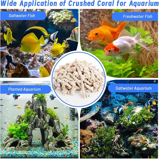 1.32lb/600g Crushed Coral for Freshwater Aquarium, Natural Fish Tank Coral Stone with Mesh Bag, Aquarium Bio Filter Media Bag Reusable Aquarium Filter to Stabilize Water and Raise PH