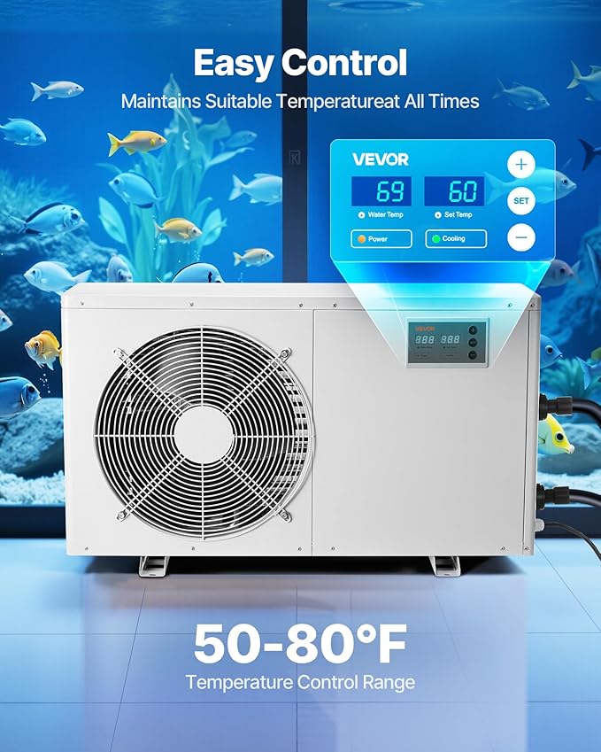 VEVOR Aquarium Chiller 500 Gallon, 1-1/2 HP Water Chiller for Hydroponics, Fast Cooling for Fish Tank,Axolotl,Coral Reef,Quiet Refrigeration Compressor, Titanium Evaporator,Complete Fittings