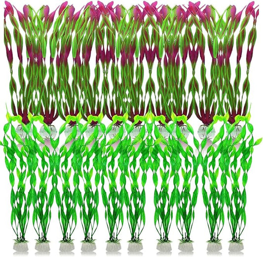 20 PCS Artificial Plastic Aquarium Plants Decor, Artificial Seaweed Fish Tank Greenery - Non-Toxic Underwater Plants with Green & Wine Red Leaves, Tank Plant Decorations