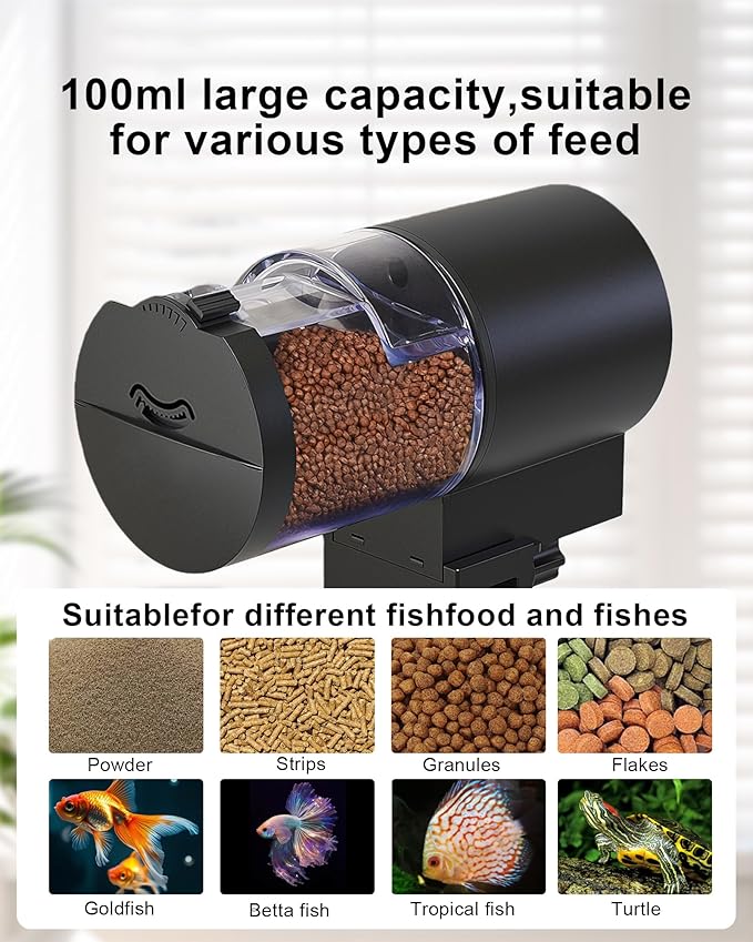 Automatic Fish Feeder for Aquarium, Helps Keep Fish Fed While You’re Away, Large 100ml Capacity with Adjustable Feeding Timer, Battery Operated Auto Feeder for Flakes and Pellets (Black)