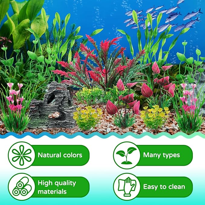 QUOZUO Fish Tank Accessories Aquarium Plants, 12pcs Colorful Fish Tank Artificial Plants and Cave Rock Decor Set, Aquarium Decorations Plants