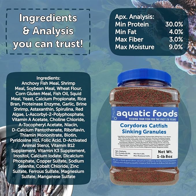 Corydoras Catfish & Loach Spirulina and Color Enhancing Sinking Granules. Ideal for All Bottom Tropical Fish…3-lbs 8oz Jar
